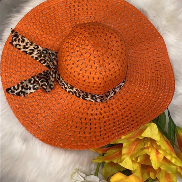Accessories - NEW! Orange Wide Brim Straw Sun Hat With Animal Print Bow